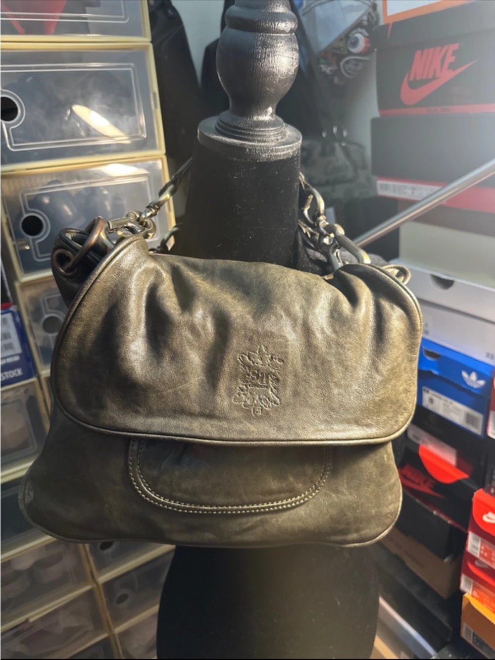 Leather Shoulder Bag in Olive Green by